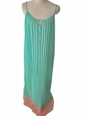 Maxi Pleated MAGIC Dress Large Mint Green Aqua Peach Salmon Boho Pleated Fairy